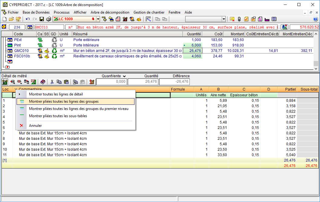 CYPEPROJECT - Affichage des lignes de détail dans les tableaux de métrés, l’étude, la vente et la mise en œuvre