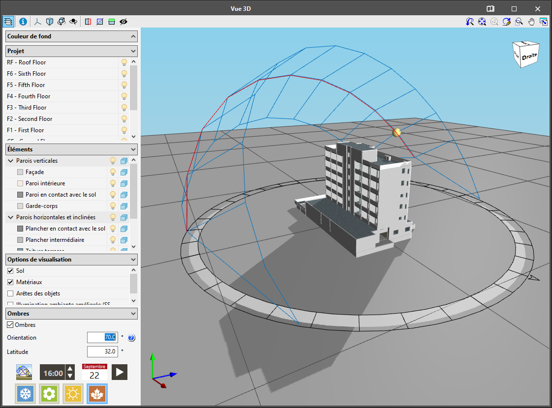 IFC Builder. Visualisation des ombres sur le modèle 3D du bâtiment